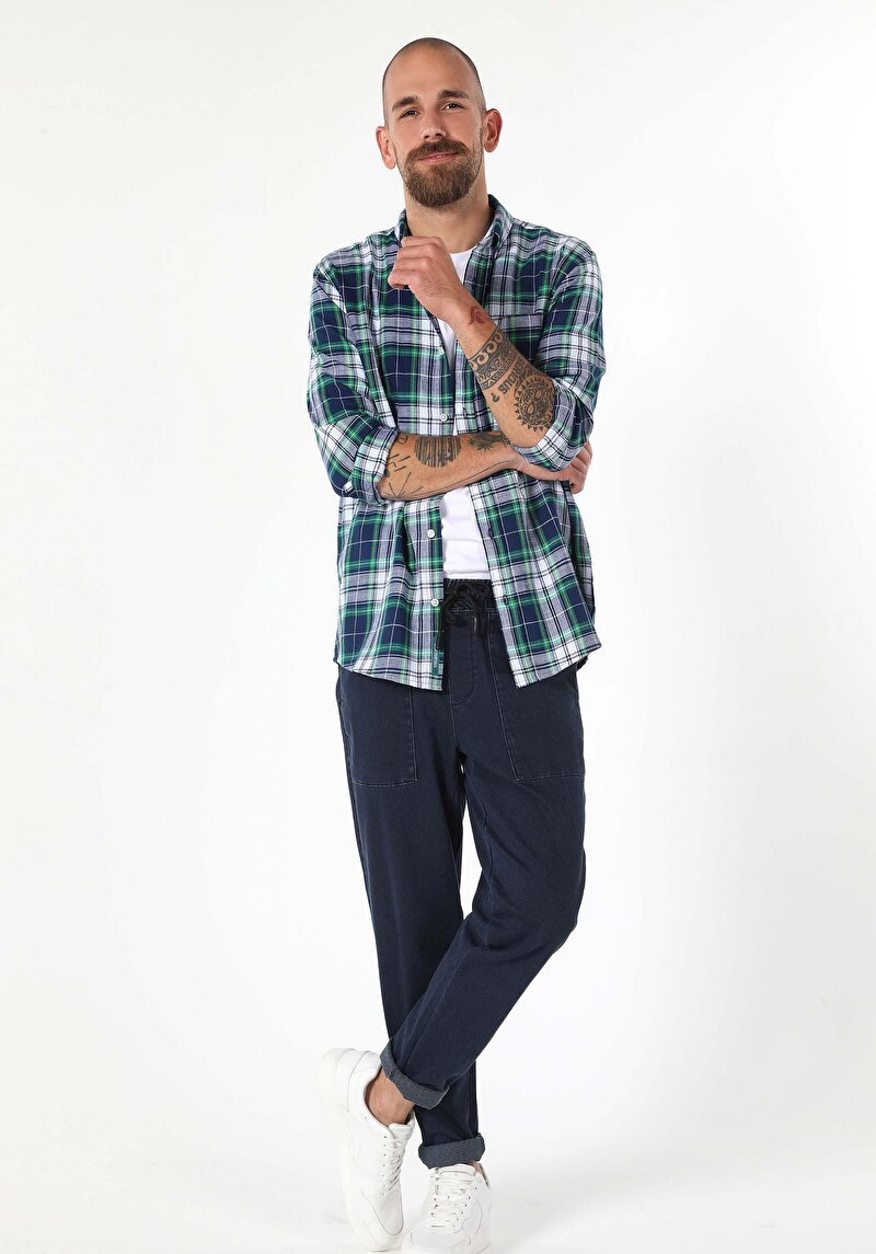 Regular Fit Shirt Neck Ekoseli Erkek Lacivert Uzun Kol Gömlek