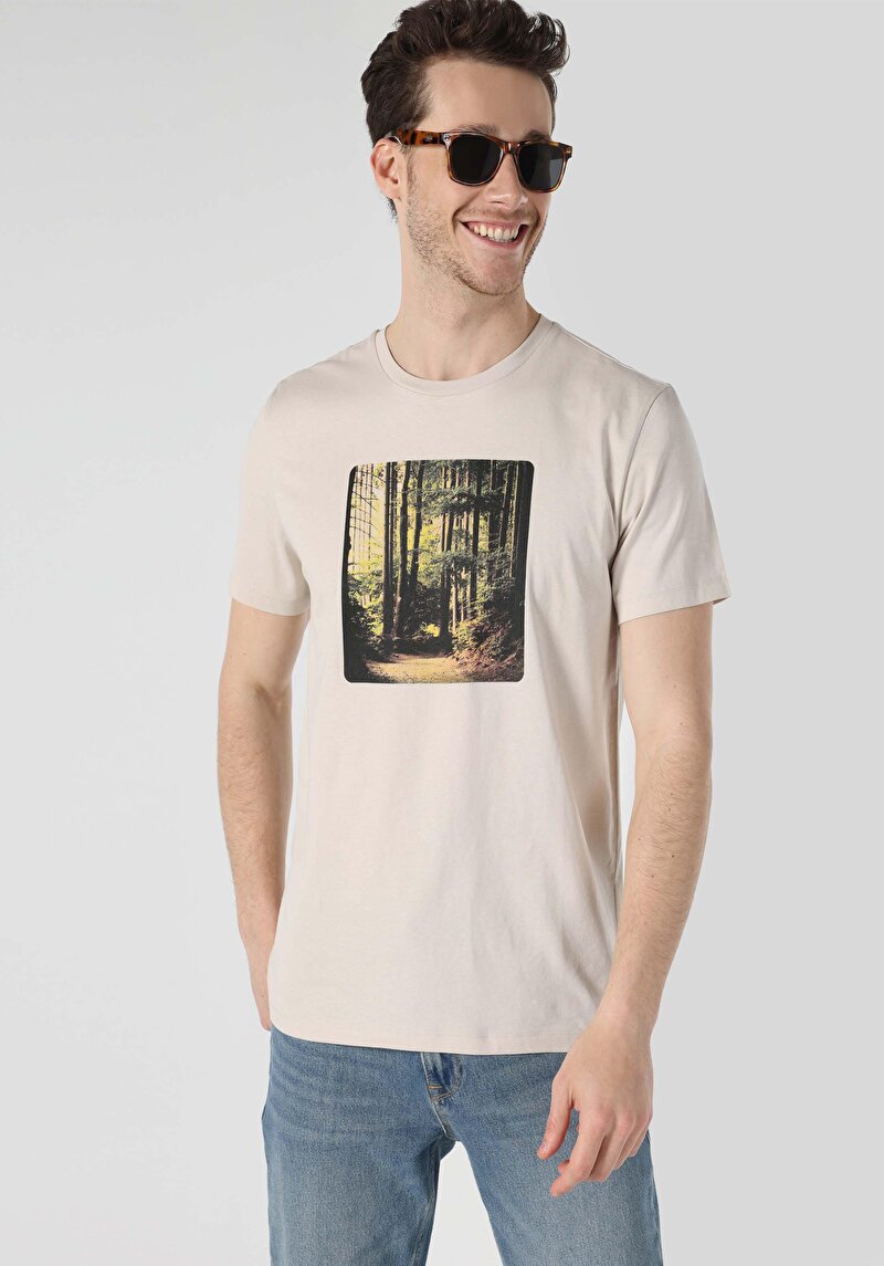 Regular Fit Yuvarlak Yaka Baskılı Erkek Bej Kısa Kol Tişört