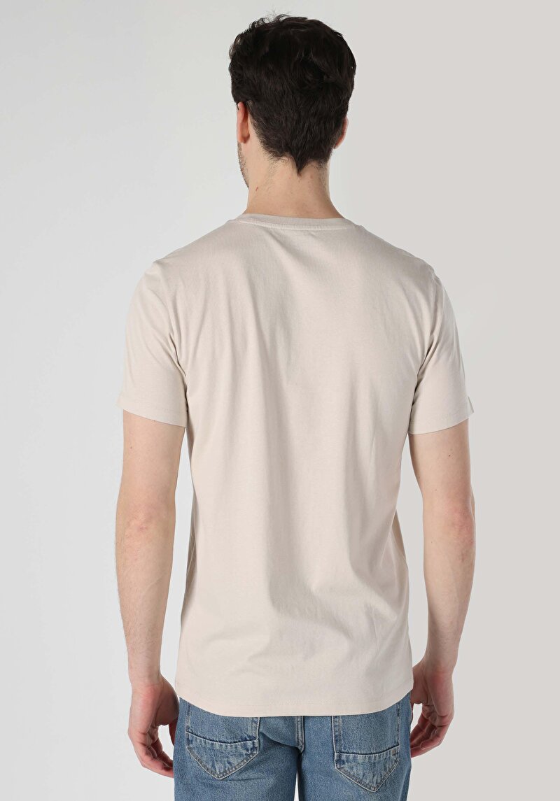Regular Fit Yuvarlak Yaka Baskılı Erkek Bej Kısa Kol Tişört