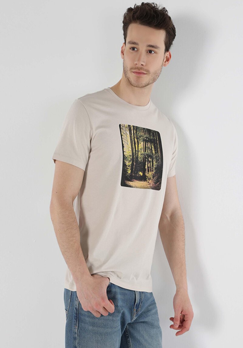 Regular Fit Yuvarlak Yaka Baskılı Erkek Bej Kısa Kol Tişört
