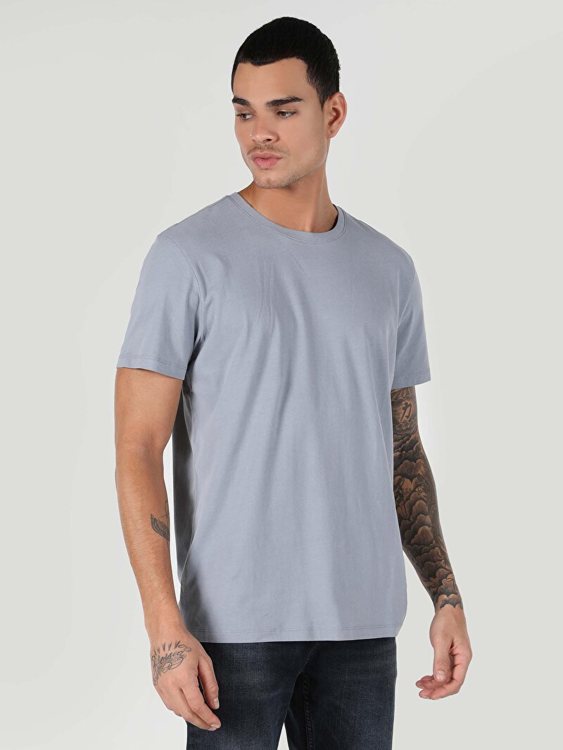 Regular Fit Yuvarlak Yaka Erkek Mavi Kısa Kol Tişört