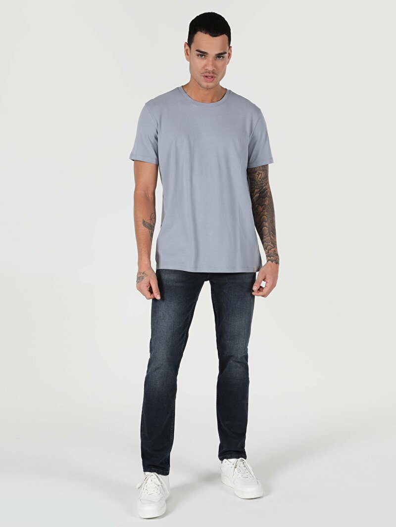 Regular Fit Yuvarlak Yaka Erkek Mavi Kısa Kol Tişört