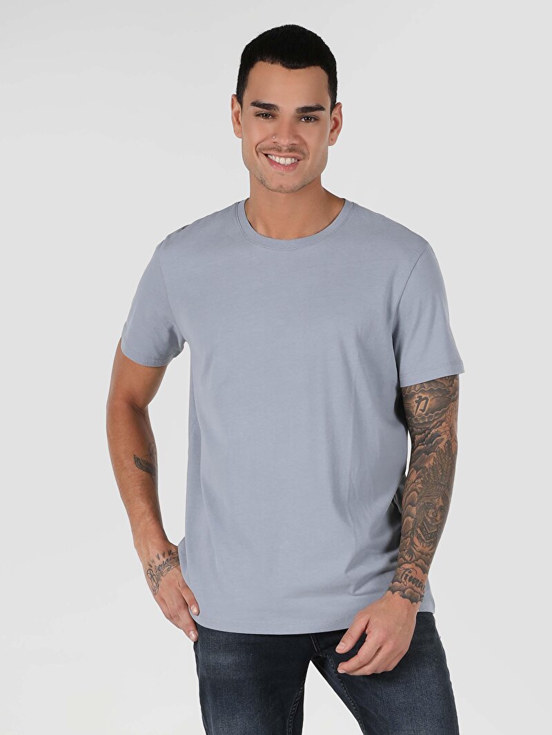 Regular Fit Yuvarlak Yaka Erkek Mavi Kısa Kol Tişört
