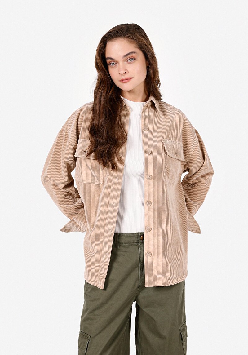 Relaxed Fit Shirt Neck Kadın Bej Uzun Kol Gömlek