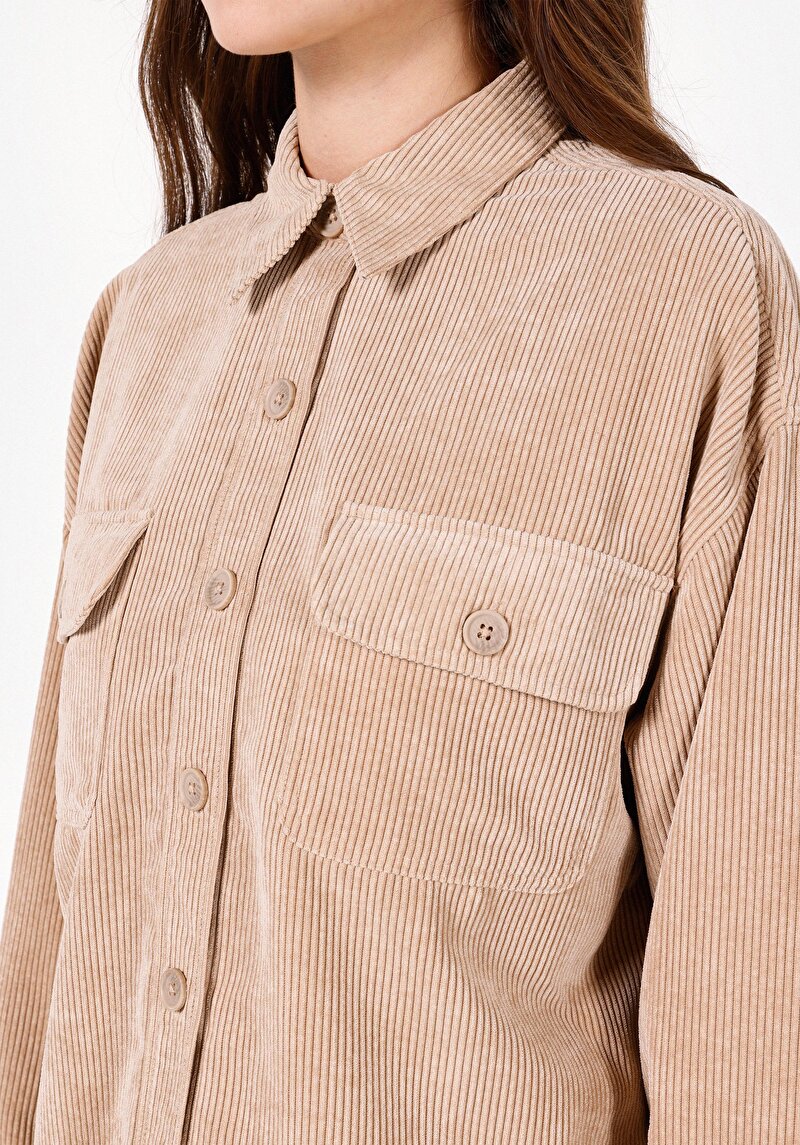 Relaxed Fit Shirt Neck Kadın Bej Uzun Kol Gömlek