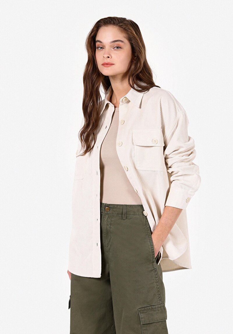 Relaxed Fit Shirt Neck Kadın Ekru Uzun Kol Gömlek