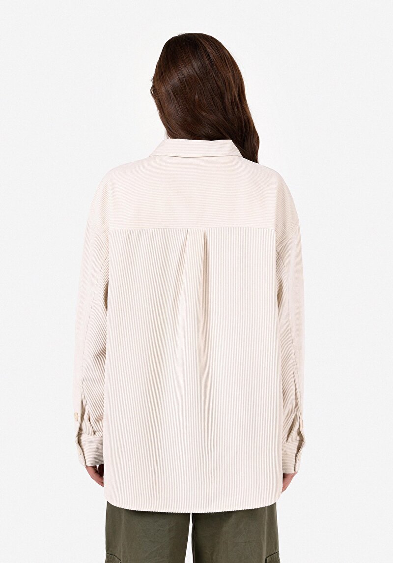Relaxed Fit Shirt Neck Kadın Ekru Uzun Kol Gömlek
