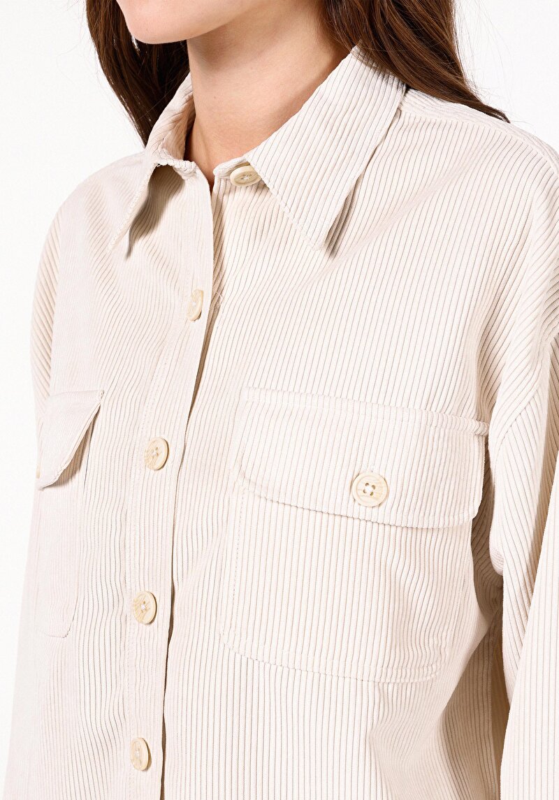 Relaxed Fit Shirt Neck Kadın Ekru Uzun Kol Gömlek