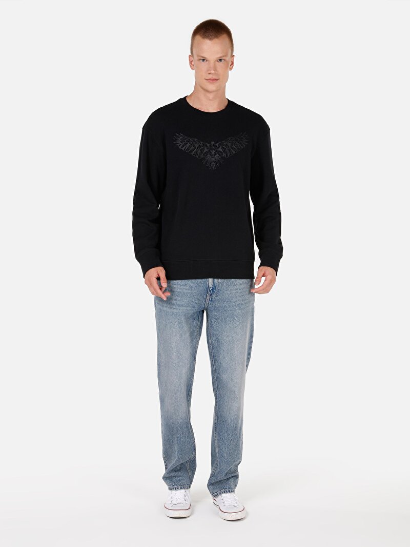 Comfort Fit Erkek Örme Siyah Sweatshirt
