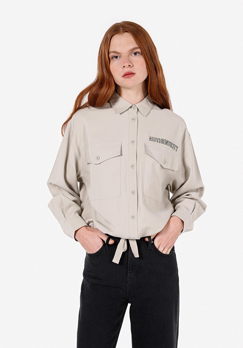 Regular Fit Dokuma Shirt Neck Kadın Yeşil Uzun Kol Gömlek