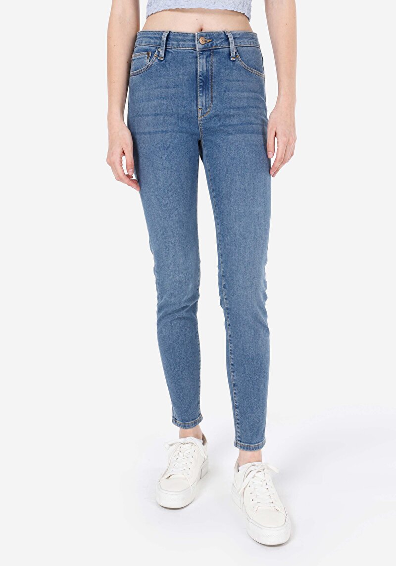 Skinny Fit Fermuarlı Kadın İndigo Jean Pantolon