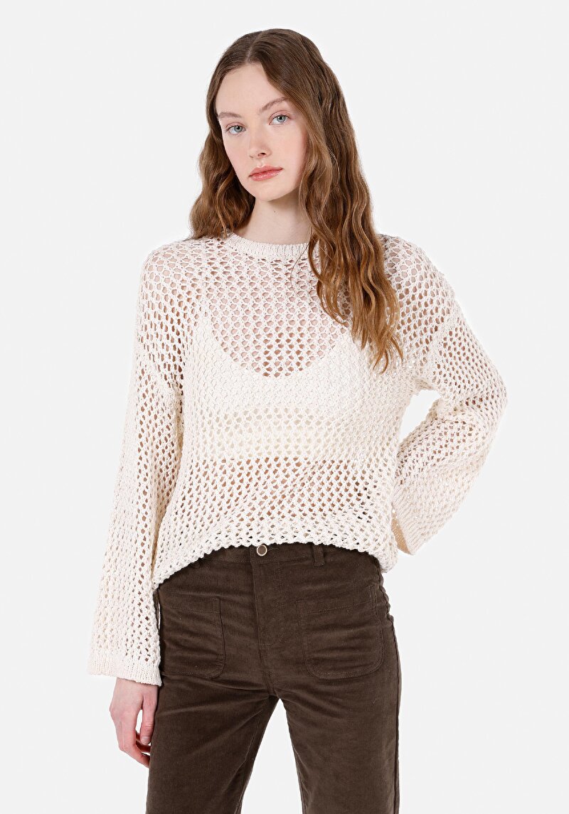 Regular Fit Yuvarlak Yaka Düz Kadın Ekru Kazak