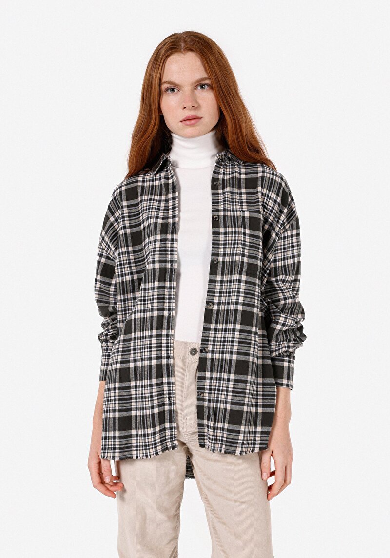 Relaxed Fit Shirt Neck Kadın Antrasit Uzun Kol Gömlek