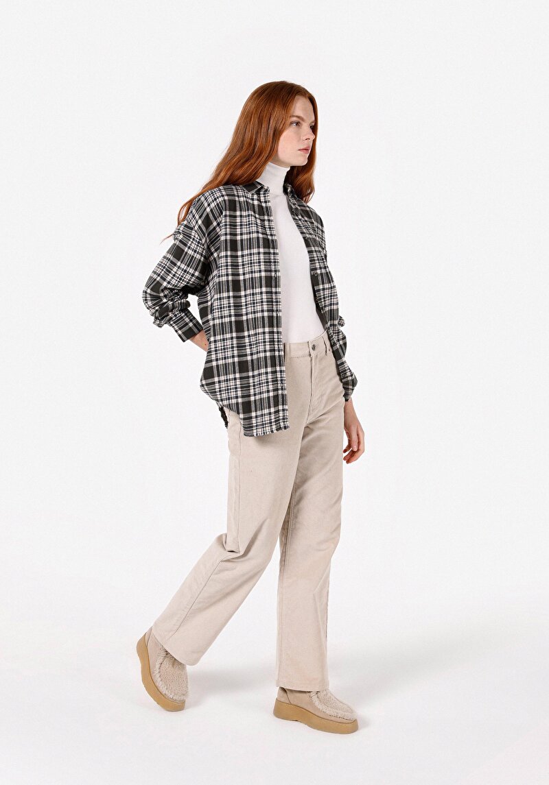 Relaxed Fit Shirt Neck Kadın Antrasit Uzun Kol Gömlek