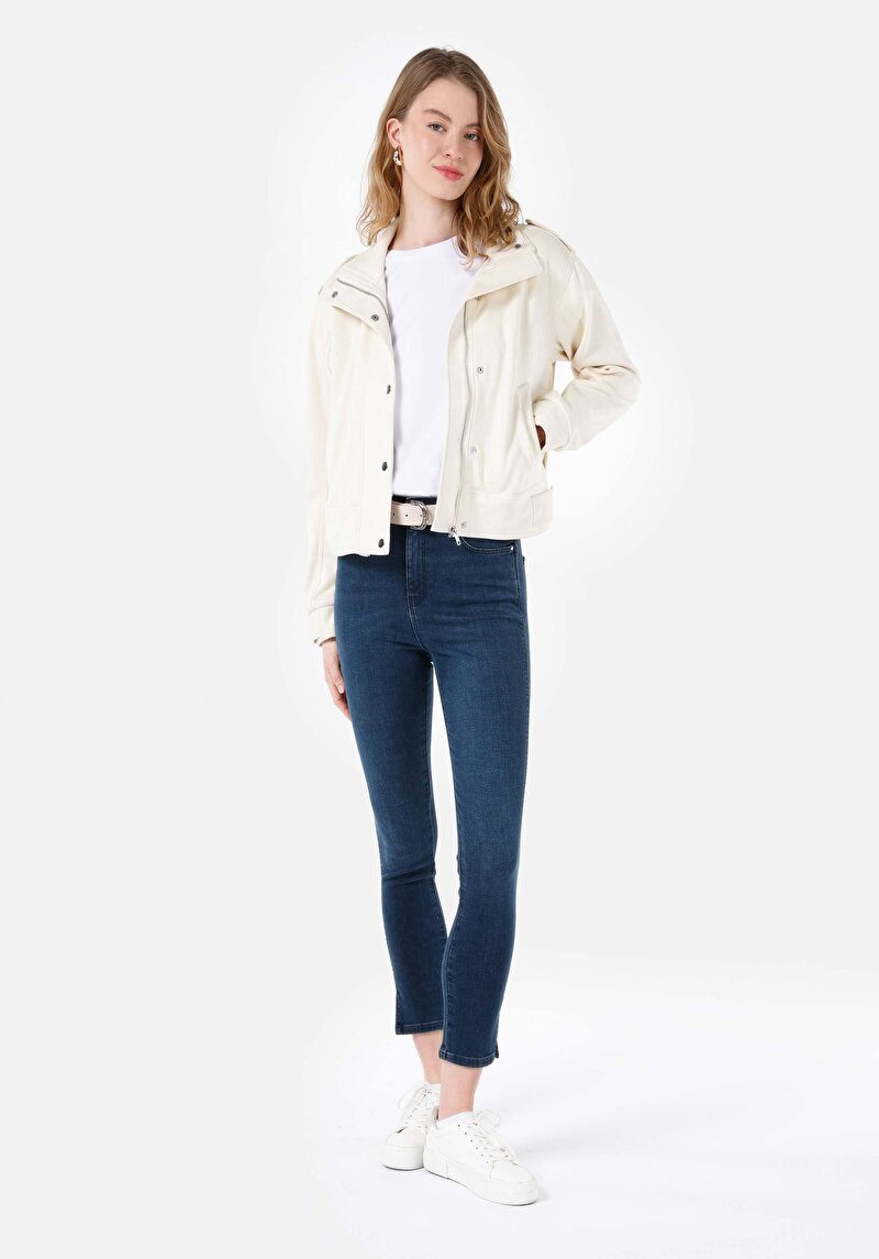 Skinny Fit Yüksel Bel Süper Dar Paça Cepli Kadın İndigo Jean Pantolon