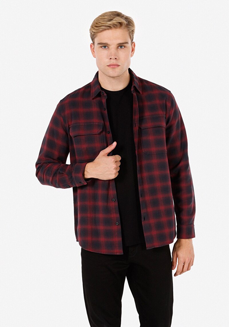 Regular Fit Klasik Yaka Ekoseli Erkek Bordo Uzun Kol Gömlek