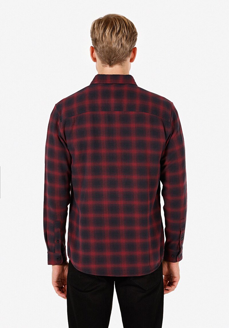 Regular Fit Klasik Yaka Ekoseli Erkek Bordo Uzun Kol Gömlek