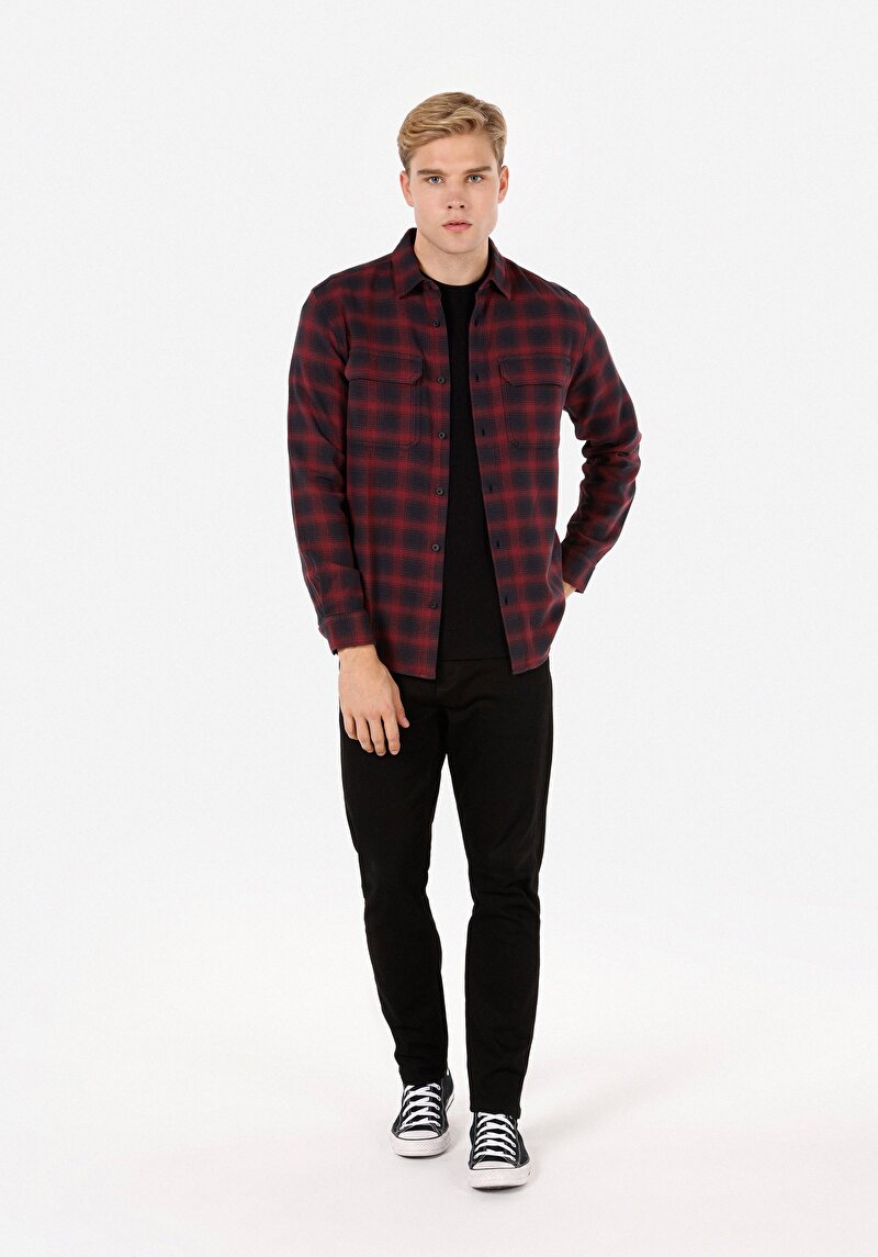 Regular Fit Klasik Yaka Ekoseli Erkek Bordo Uzun Kol Gömlek