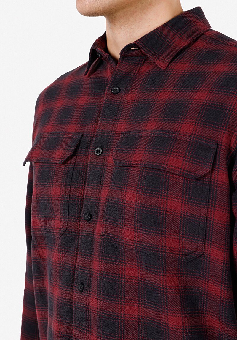 Regular Fit Klasik Yaka Ekoseli Erkek Bordo Uzun Kol Gömlek