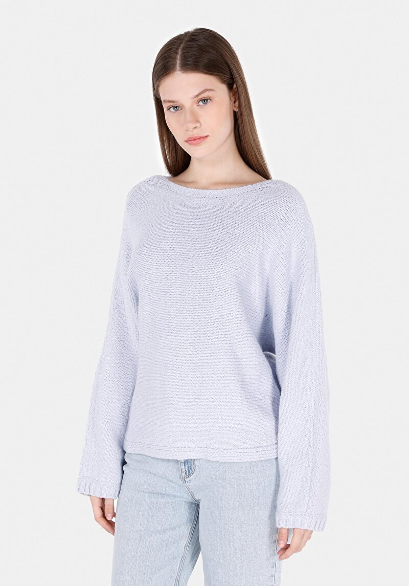 Comfort Fit Kayık Yaka Düz Kadın Mavi Kazak