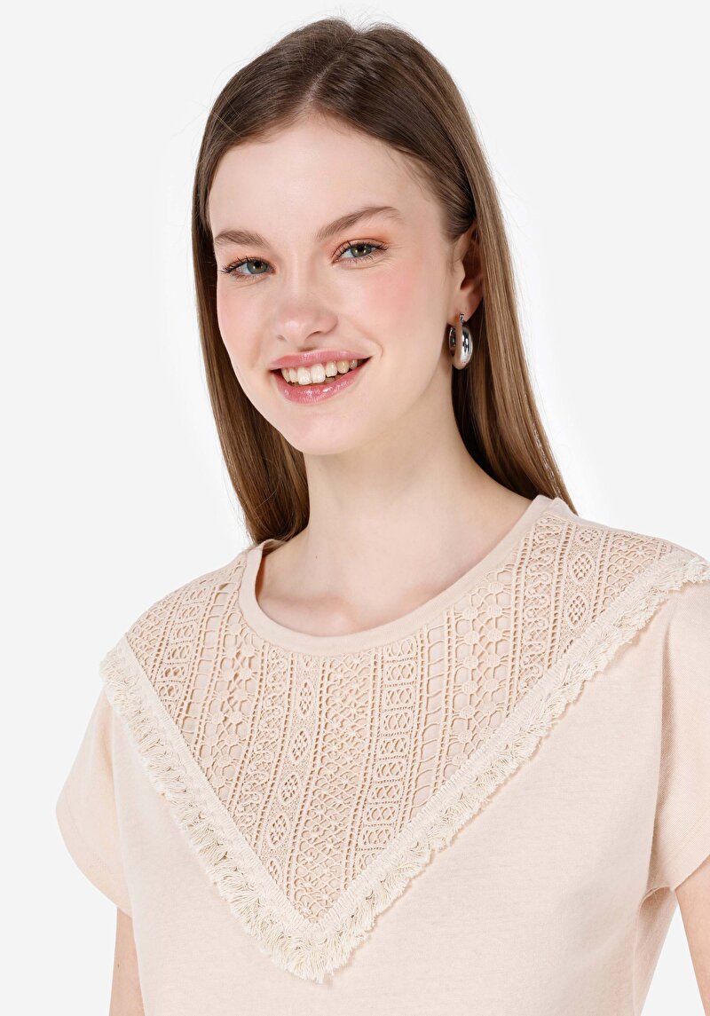 Regular Fit Yuvarlak Yaka Nakışlı Kadın Bej Kısa Kol Tişört