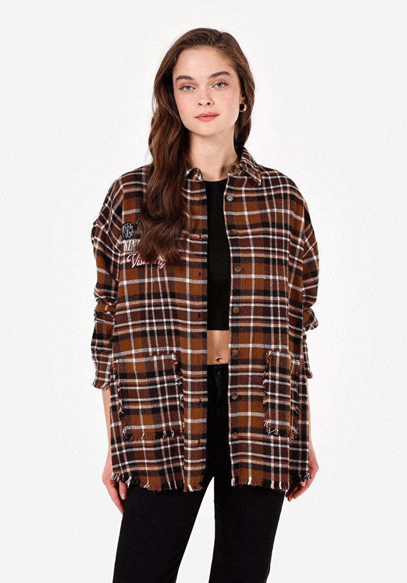 Relaxed Fit Shirt Neck Kadın Bej Uzun Kol Gömlek