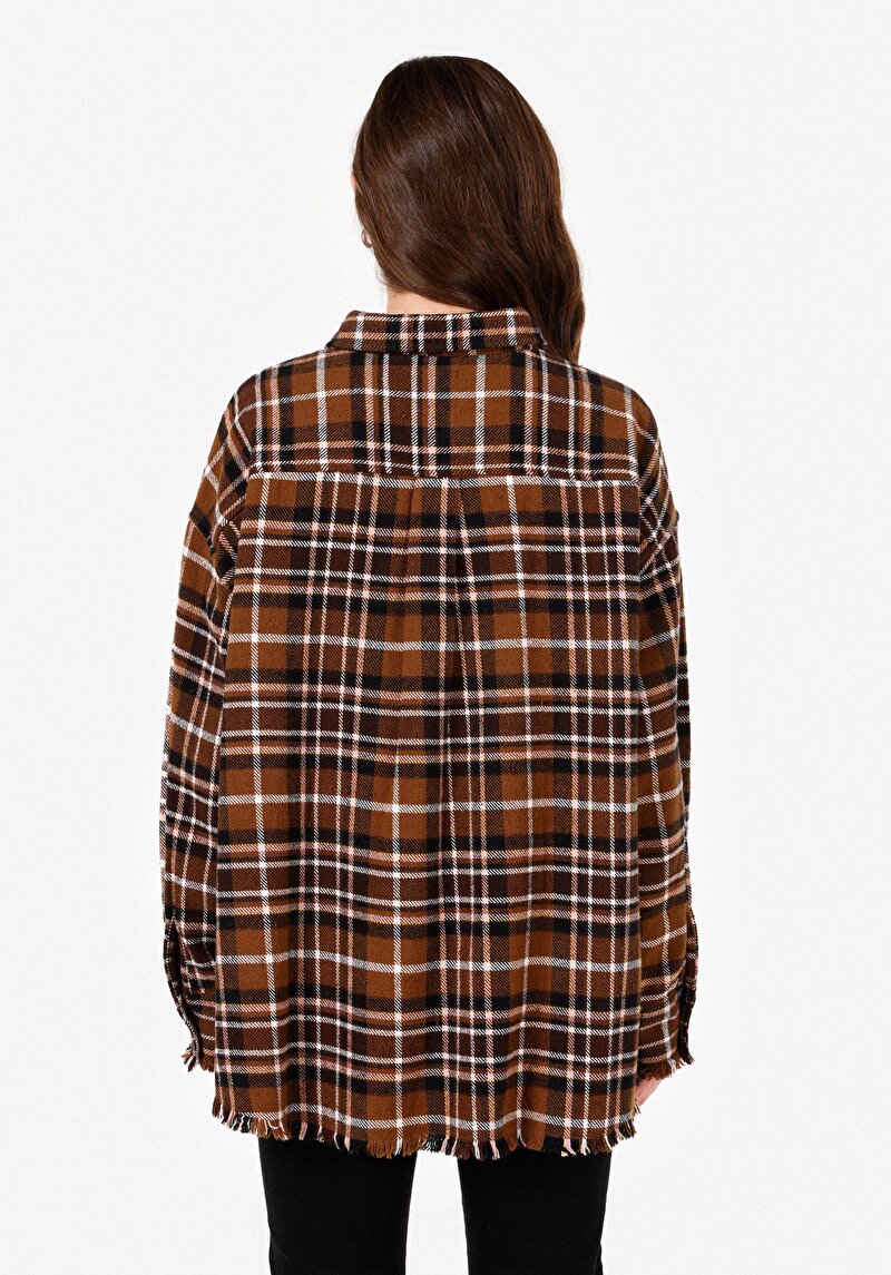 Relaxed Fit Shirt Neck Kadın Bej Uzun Kol Gömlek