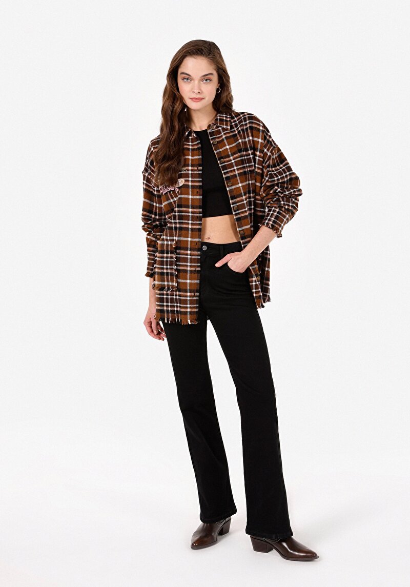 Relaxed Fit Shirt Neck Kadın Bej Uzun Kol Gömlek