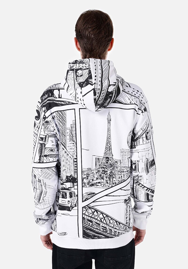 Comfort Fit Erkek Desenli Beyaz Sweatshirt