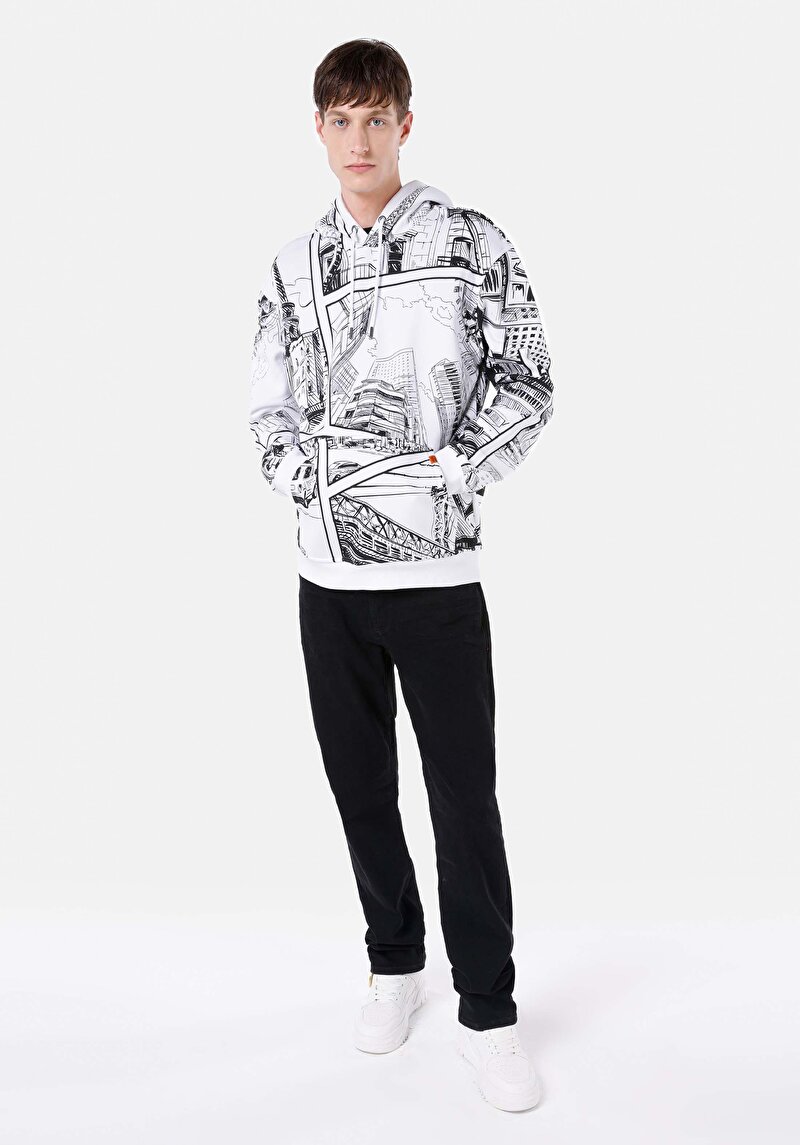 Comfort Fit Erkek Desenli Beyaz Sweatshirt