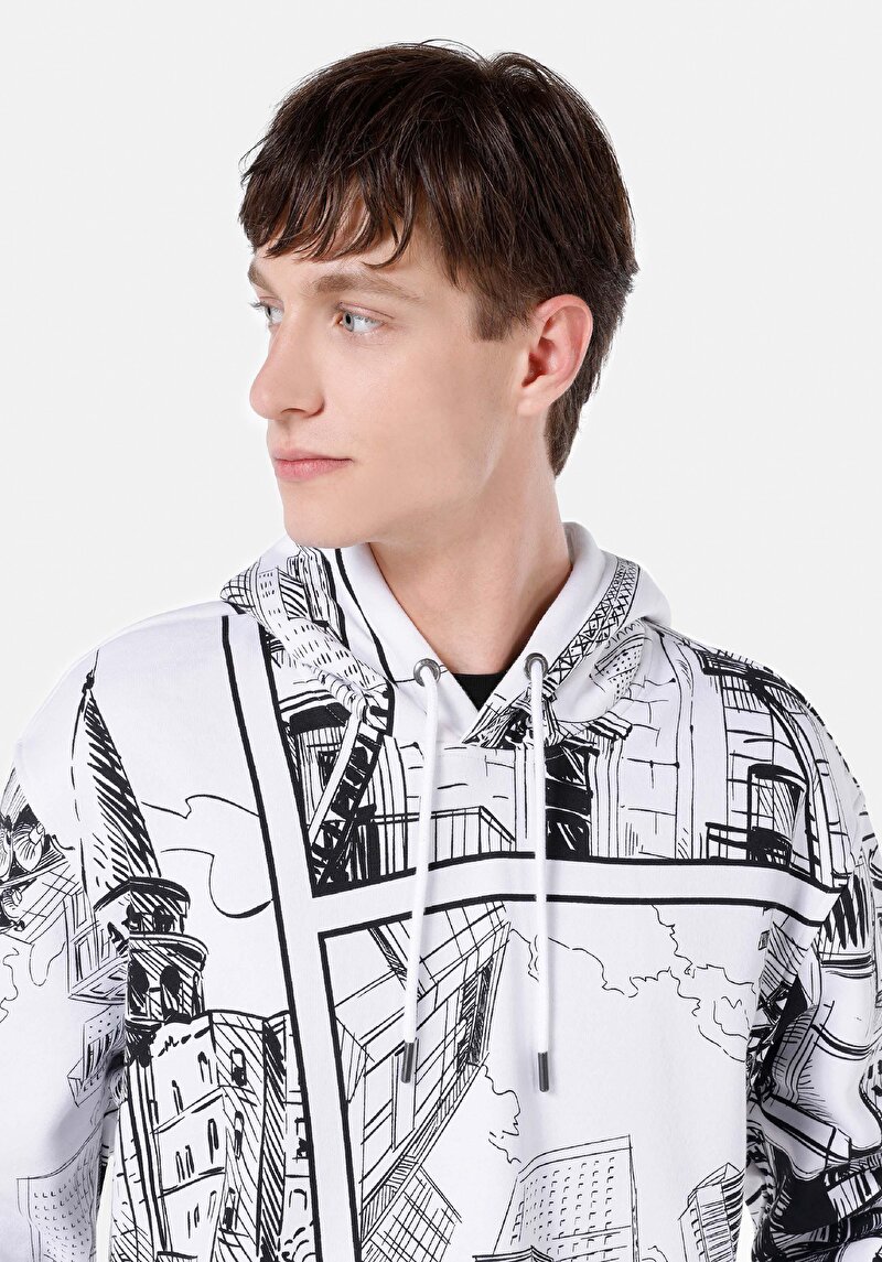 Comfort Fit Erkek Desenli Beyaz Sweatshirt