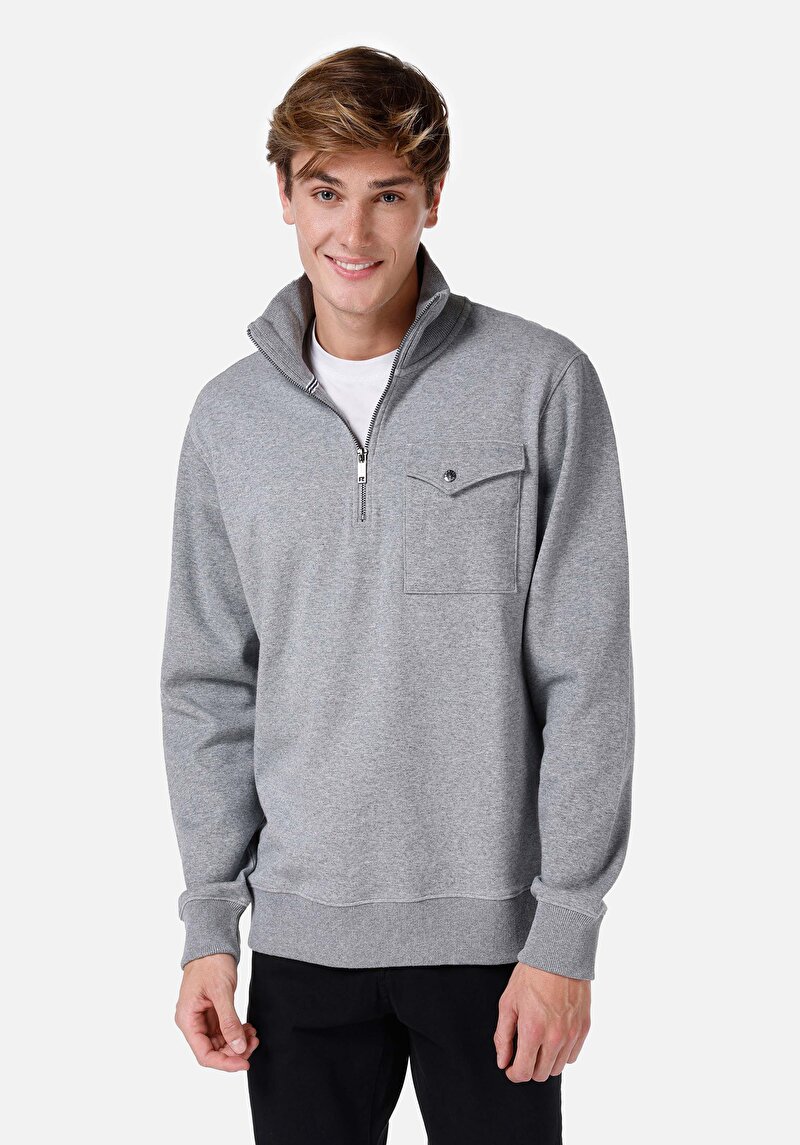 Regular Fit Fermuarlı Düz Erkek Gri Uzun Kol Tişört