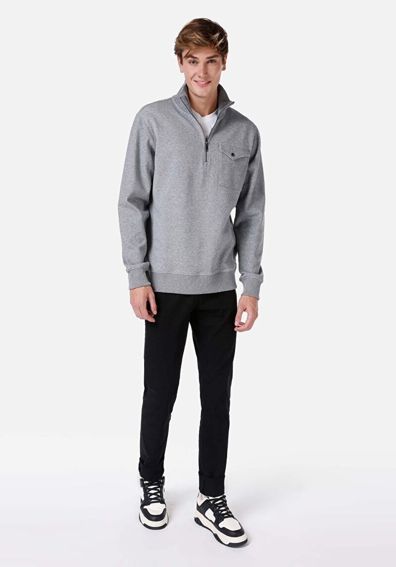 Regular Fit Fermuarlı Düz Erkek Gri Uzun Kol Tişört