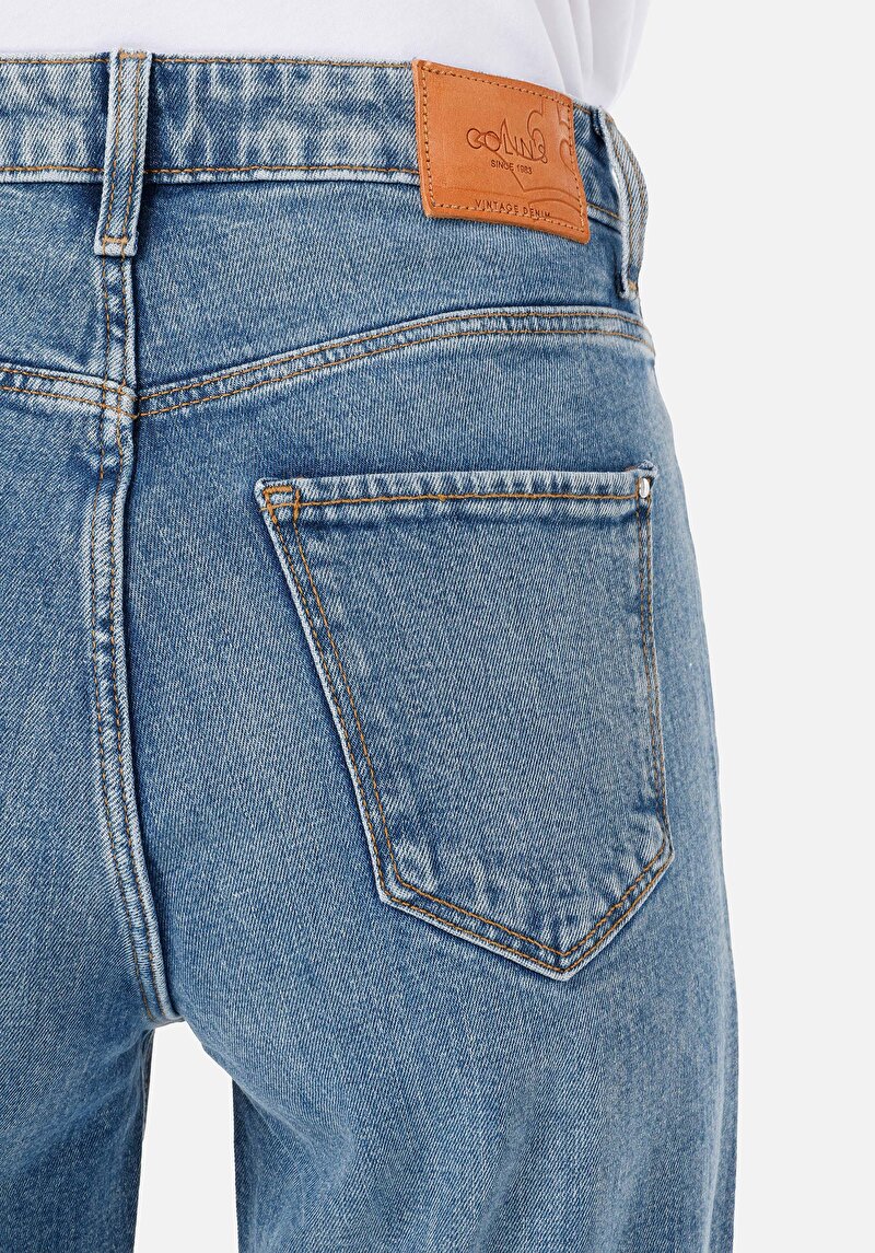 Fermuarlı Mom Fit Yüksek Bel Daralan Paça Kadın İndigo Jean Denim Pantolon