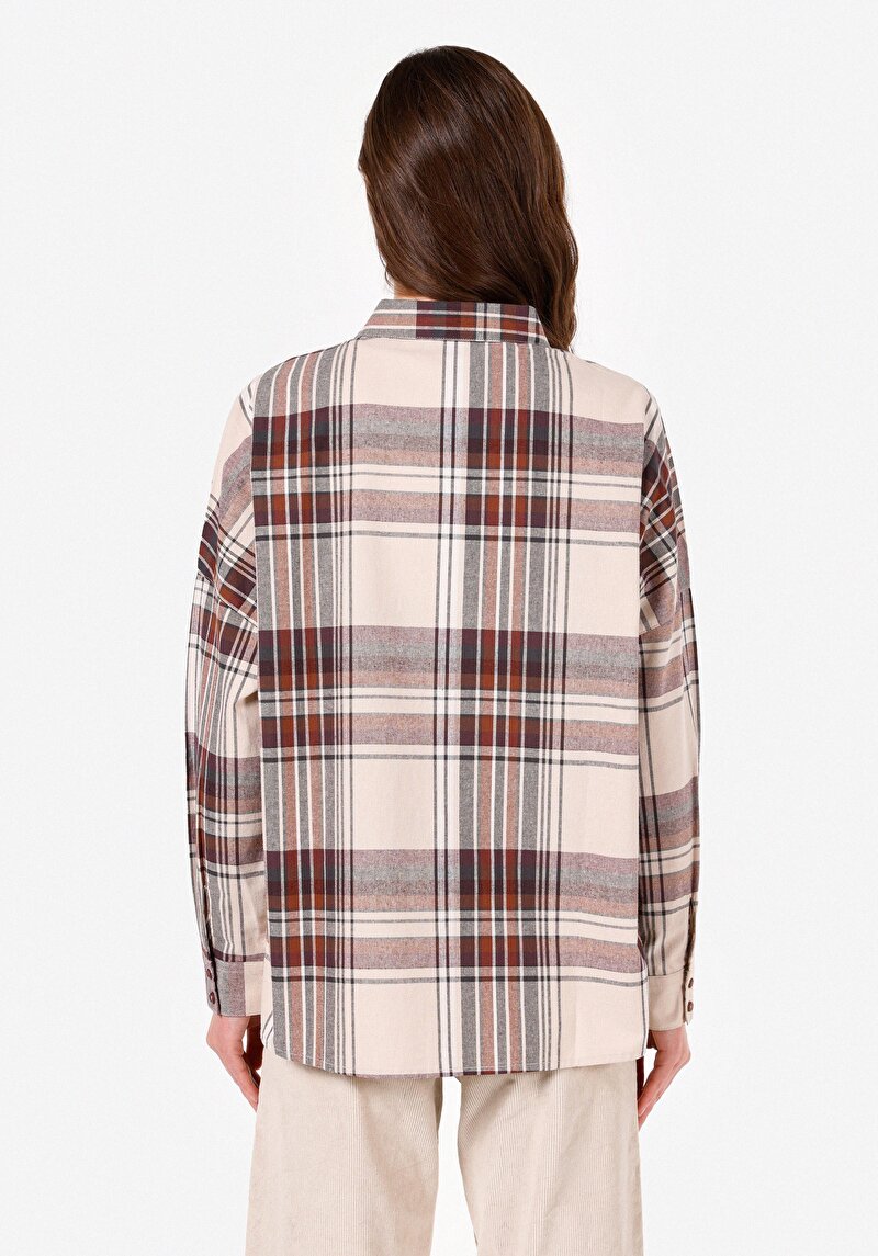 Relax Fit Shirt Neck Kadın Bej Uzun Kol Gömlek