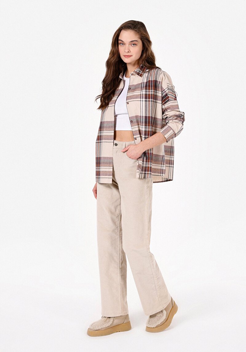 Relax Fit Shirt Neck Kadın Bej Uzun Kol Gömlek