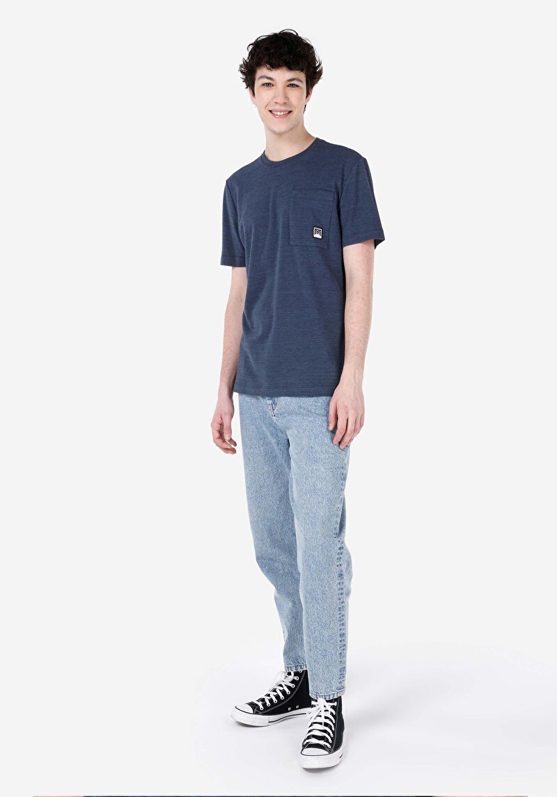 Regular Fit Yuvarlak Yaka Jakarlı Erkek Mavi Kısa Kol Tişört