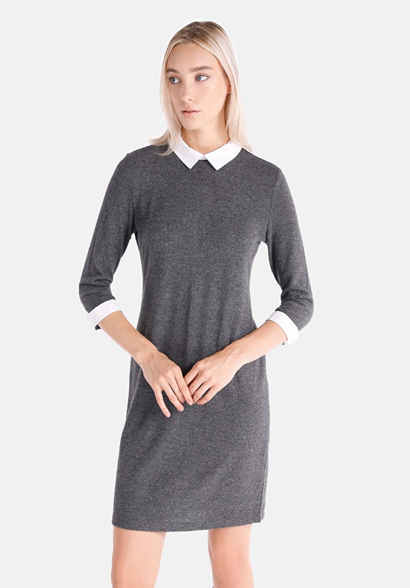 Regular Fit Düz Kadın Antrasit Uzun Kol Elbise
