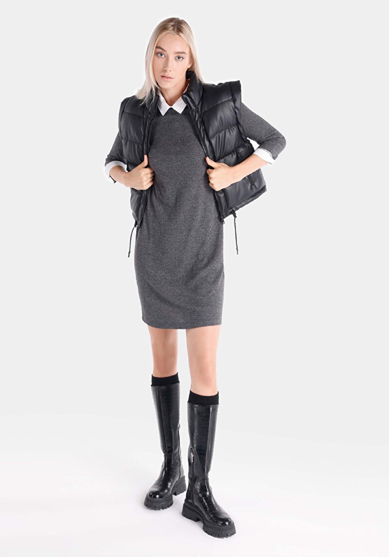 Regular Fit Düz Kadın Antrasit Uzun Kol Elbise