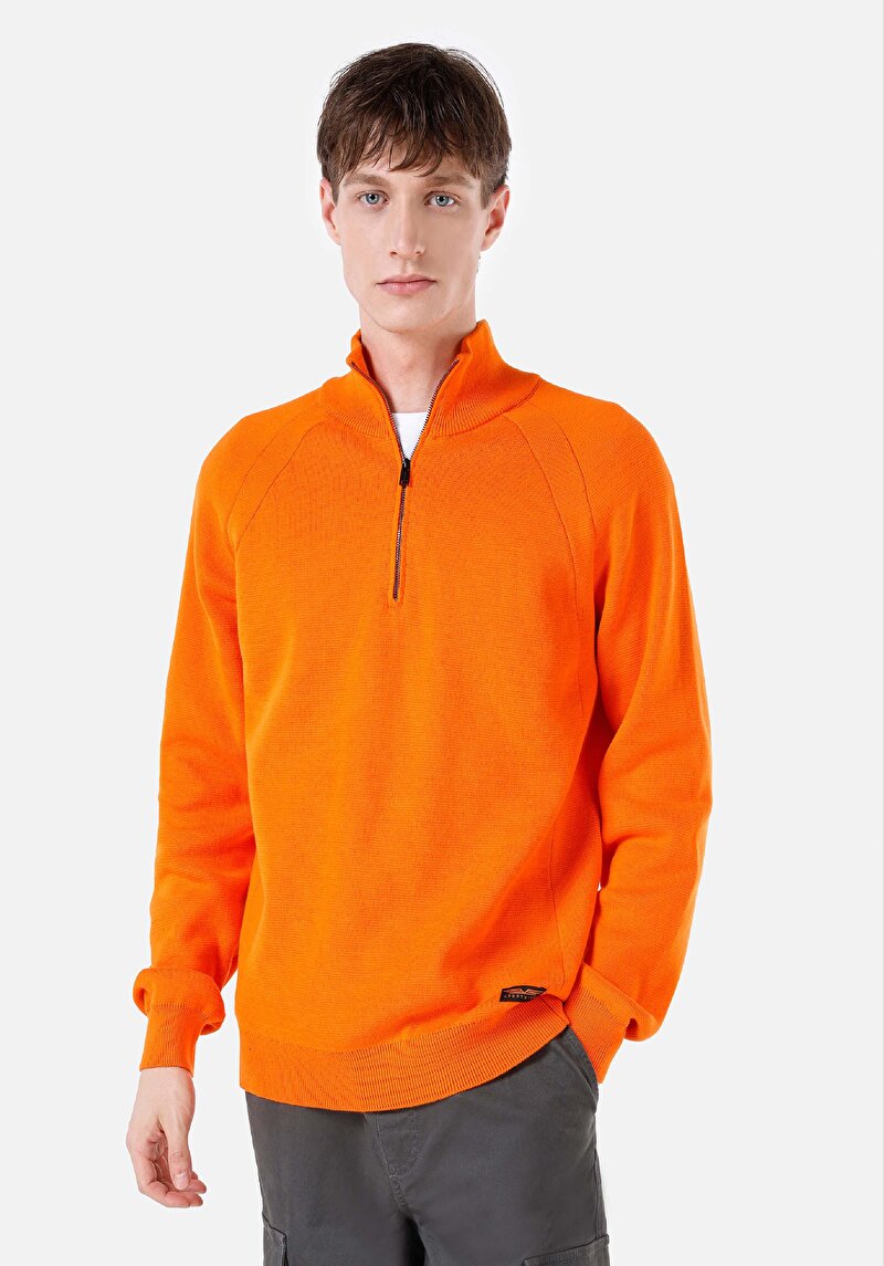 Regular Fit Turtle Neck Jakarlı Erkek Turuncu Kazak