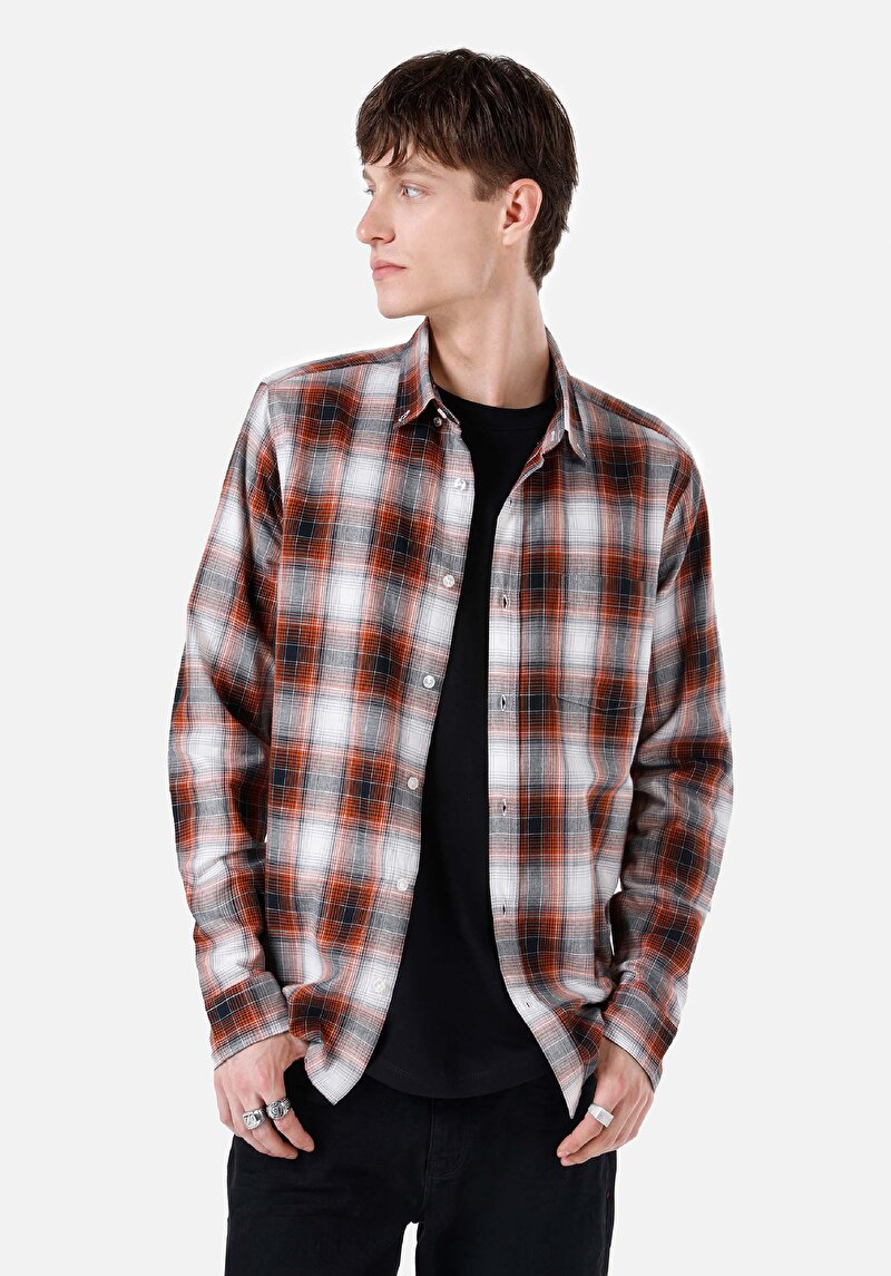 Slim Fit Shirt Neck Cepli Ekoseli Erkek Turuncu Uzun Kol Gömlek