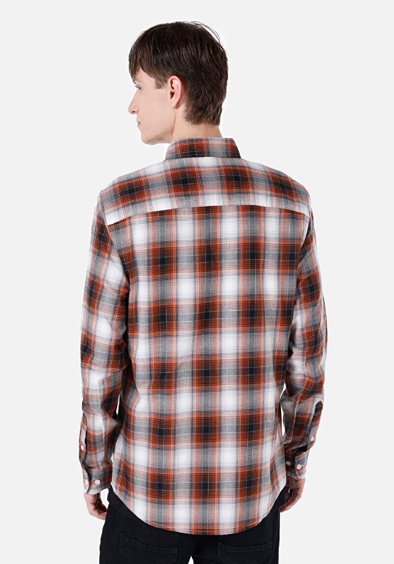 Slim Fit Shirt Neck Cepli Ekoseli Erkek Turuncu Uzun Kol Gömlek