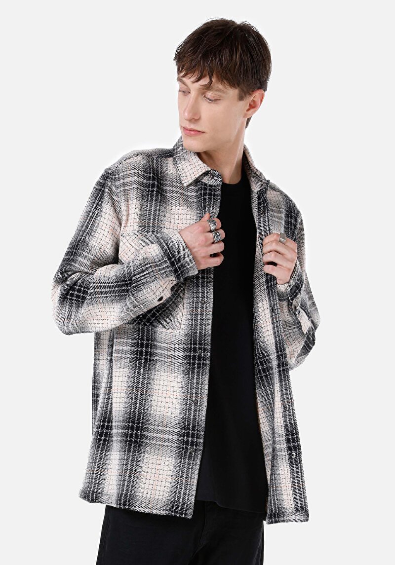 Comfort Fit Shirt Neck Ekoseli Erkek Siyah Uzun Kol Gömlek