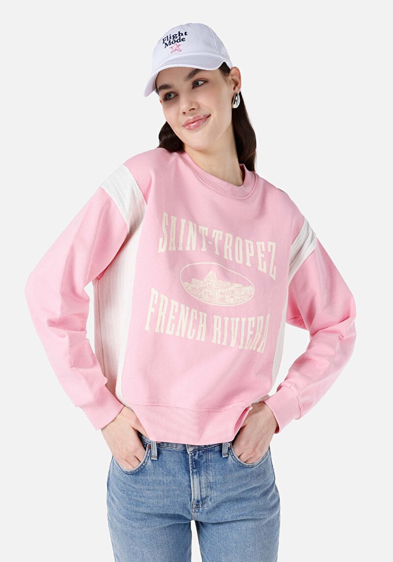 Regular Fit Yuvarlak Yaka Baskılı Kadın Pembe Sweatshirt