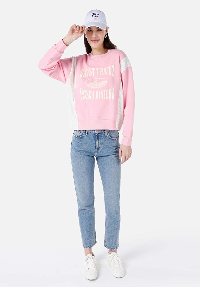 Regular Fit Yuvarlak Yaka Baskılı Kadın Pembe Sweatshirt