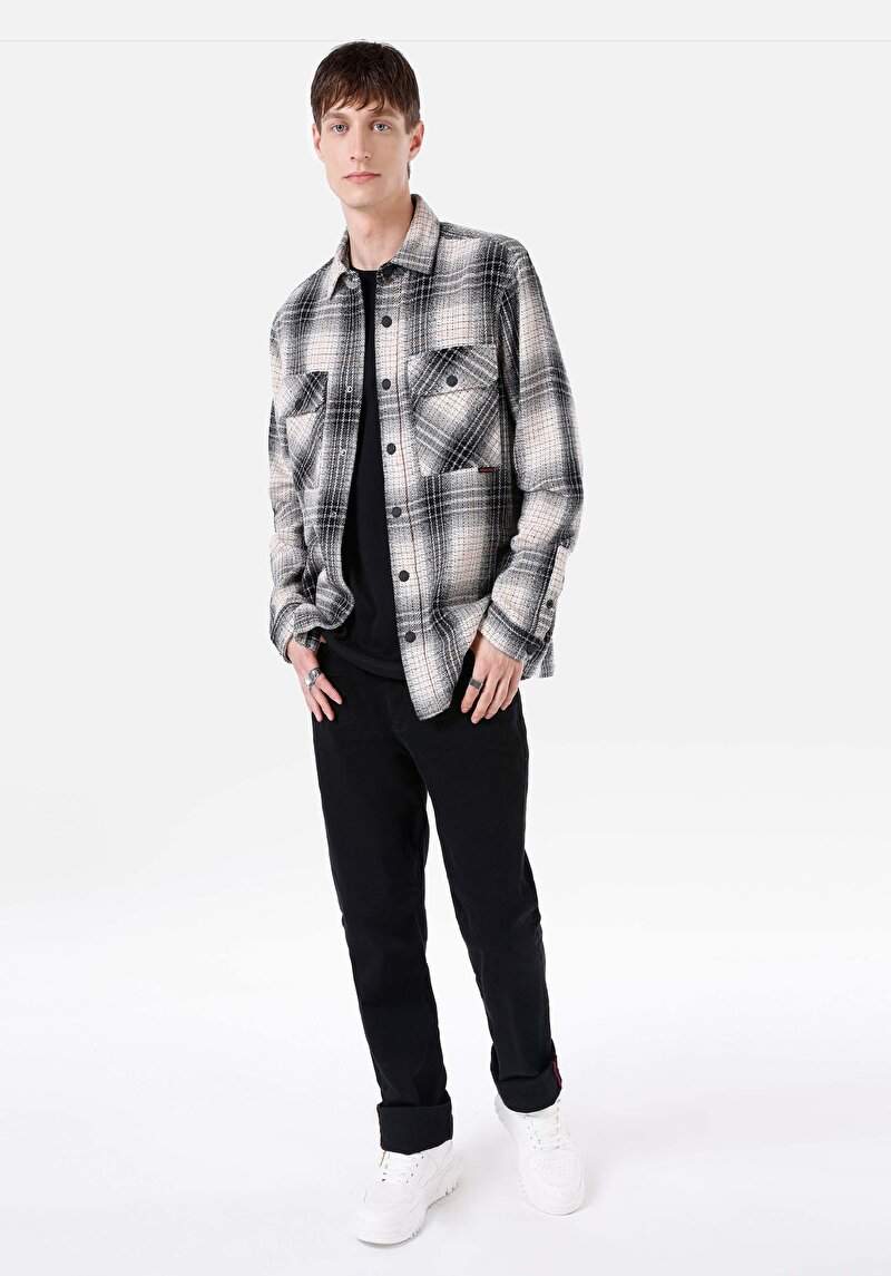 Comfort Fit Shirt Neck Ekoseli Erkek Siyah Uzun Kol Gömlek