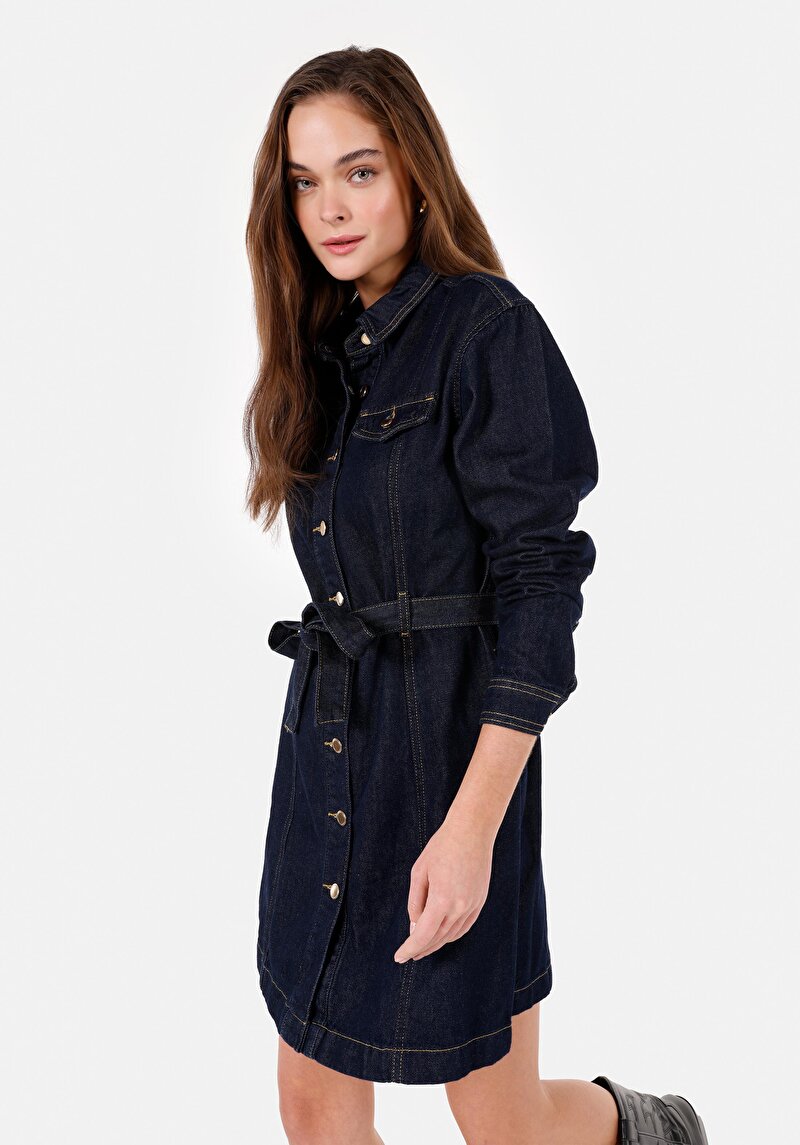Slim Fit Kadın Mavi Uzun Kol Elbise