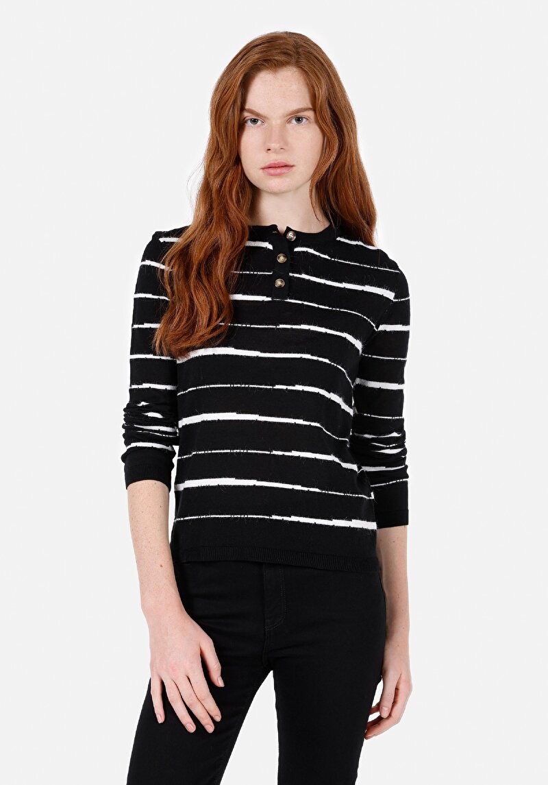 Slim Fit Yuvarlak Yaka Çizgili Kadın Siyah Kazak