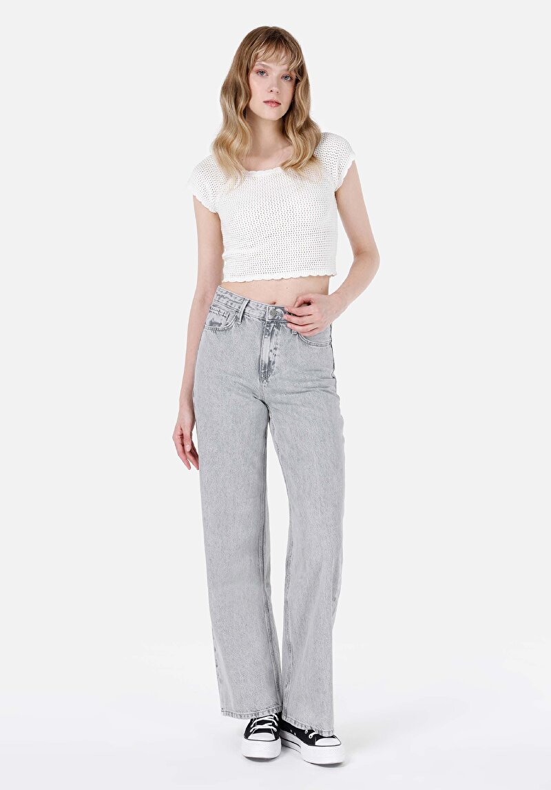 Regular Fit Yüksel Bel Geniş Paça Kadın Grey Cepli Denim Jean Pantolon