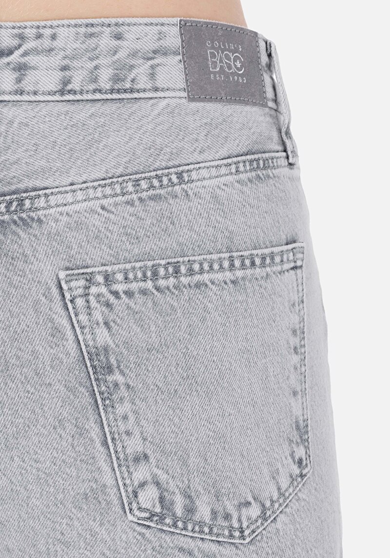 Regular Fit Yüksel Bel Geniş Paça Kadın Grey Cepli Denim Jean Pantolon